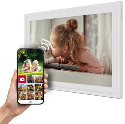 Thomson Fotorahmen 15 Zoll Weiss – 39,6 cm, 1920 x 1080 FHD IPS, Touchscreen, 32 GB Speicher, Automatische Drehung, Mehrbenutzerverbindung, WLAN, Aufstellbar oder Wandmontage, iOS, Android