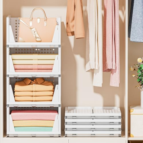 Neprock Wardrobe Storage Organiser - 4 Pack Stackable Storage Drawers for Inside Wardrobe Shelves, Plastic Closet Organiser Drawer, Airing Cupboard Storage for Bedroom, Bathroom, White