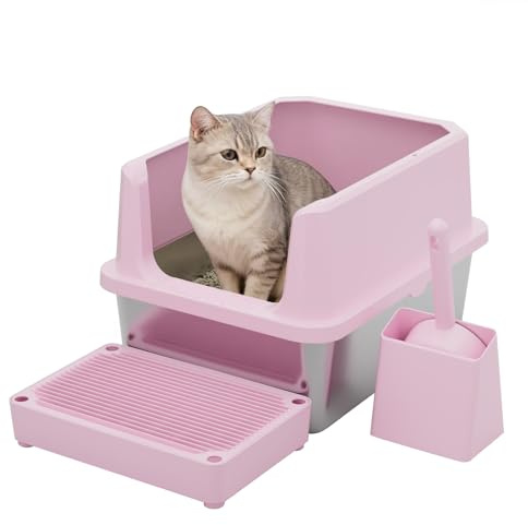 RIZZARI Cat Litter Box: Pink Stainless Steel Odor Control Pan - Easy Clean Non-Porous - 11.6 High Sides Anti-Scatter - Open Top for Fast Scooping - with Scoop - Apartment Bathroom/Laundry Room