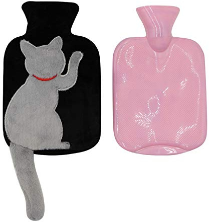 1-Liter Rubber Hot Water Bottle with Adorable Grey Cat Plush Fleece Cover for Hot/Cold Therapy, Cramps & Pain Relief - Perfect for Gift