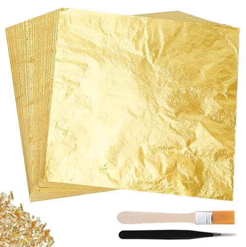 Ruvan 100 Blätter Blattgold Imitation Dekoration, Blattgold Zum Basteln, 14 X 14 cm, Für Kunstprojekt Handwerk Dekoration, Metallischer Schimmer, Pinzette+Stift