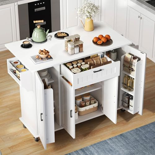 Bladez Moderna isla de cocina con encimera plegable de 120 cm, carrito de cocina con ruedas con 4 puertas y cajón, estante para especias, toallero, armario de cocina móvil de MDF, color blanco
