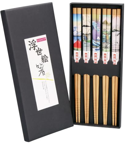 EXZACT Bamboo Chopsticks Set 5 Pairs, Colourful Fuji Wave, Reusable 22.6cm | 5 pairs of reusable bamboo chopsticks with Japanese Fuji Wave handles, lightweight and easy to grip.