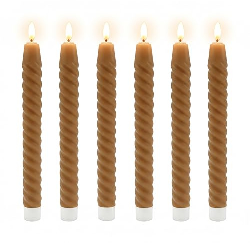 Relaxdays LED Stabkerzen, 6er Set, HxD: 25x2 cm, flackernde Flamme, Echtwachs, gedreht, flammenlose Kerzen, Mocha-Mousse