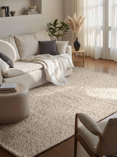 Elle Decoration Lyon - Wollteppich Beans, Natürlich & Handgemacht, Wohnzimmerteppich Wolle im Skandi Loop Design, Melierter Naturteppich mit Perlenstruktur - Natur Creme Braun, 200x290 cm