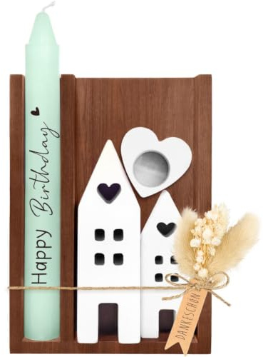 Geburtstagsgeschenk Kerze Holzbox mit Kerzenhalter und Trockenblumen | 2 Deko Häuser, Geschenk für Frauen, Geschenk für Männer