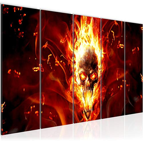 Runa Art Wandbild XXL Totenkopf Feuer Wohnzimmer 200 x 80 cm Rot Schwarz 5 Teilig - Made in Germany - 402355a
