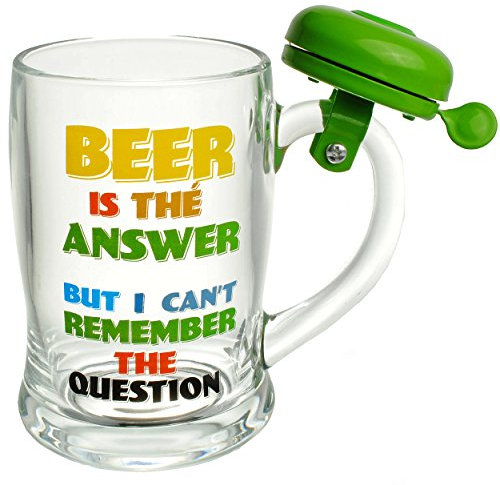 alles-meine.de GmbH 1 Stück Bierkrug mit Abnehmbarer Klingel - Beer is The Answer/But i can´t Remember The question - Glas - 400 ml - Trinkbecher/Trinkglas - Trinkgläse..