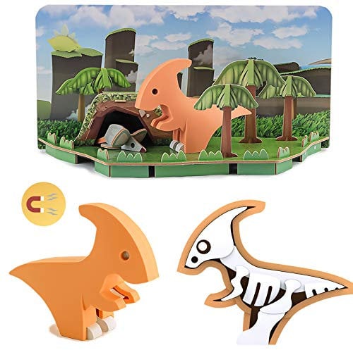 HALFTOYS Dinosaurier Toys 3D Puzzle mit Magneten und Papierdioramen, PARA Dinosaurier Jigsaw Bausteine Take Apart Spielzeug für Kinder 3 Jahre