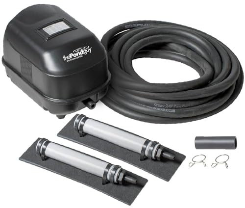 The Pond Guy Pond Aerator 2, Complete Aeration Kit, Water Garden Oxygenation Bubbler System Adds Oxygen to Koi & Fish Ponds, Outdoor Diaphragm Compressor Pump, Air Line & 2 Submersible Diffuser Stick