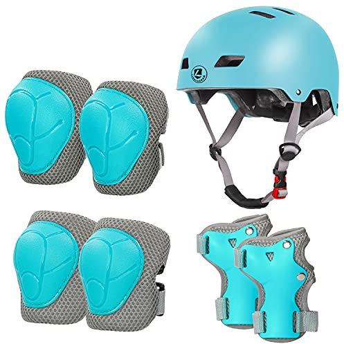 LANOVAGEAR Kinderhelm mit Knieschützern, Ellbogenschützern und Handgelenkschützern, 7-in-1-Schutzausrüstung Schonerset 2-8Jahre, für Skateboard, Fahrrad, Scooter, Rollschuh (Eisblau,S)
