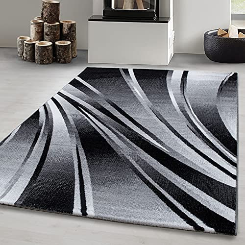 Carpetsale24 Teppich Wohnzimmer Moderne Abstrakt Wellen Design Schwarz - Grau - Weiß 120 x 170 cm - Kurzflor Teppich Schlafzimmer Pflegeleicht Extra Weich - Flauschig Teppich Waschbar Esszimmer Küche