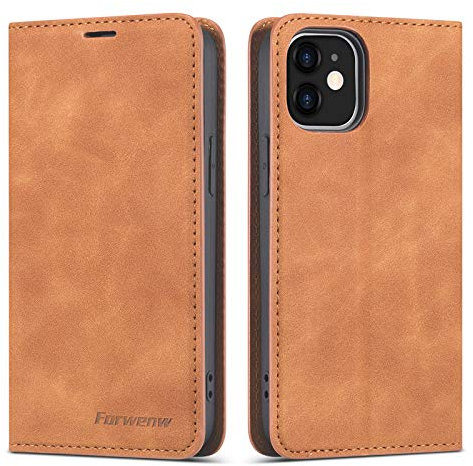 EYZUTAK Hülle für iPhone 12 Pro Max (6.7 Zoll), Magnetverschluss Premium PU Leder Flip Case mit Kartenfächern Brieftasche Standfuntion stoßfeste Silikonhülle Retro Ledertasche - Braun