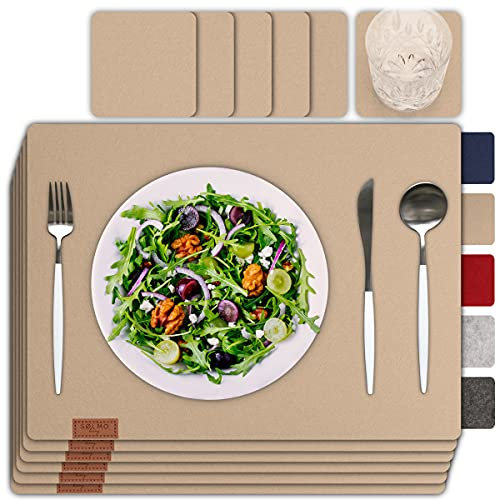 12er Platzsets Abwaschbar Filz mit Glasuntersetzern - Sölmo Platzset und Filzuntersetzer für Teller, Besteck, und Gläser - Kein Rutsch und Pflegeleicht - Sahara Dust