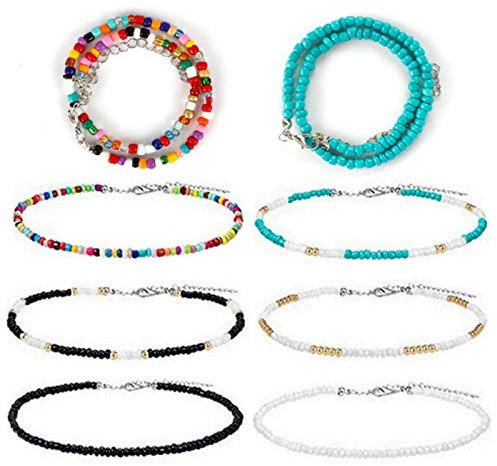 Jubaopen 8 Stück Bunte Halskette Perlen Samenkorn Kette Choker Halskette Bunte Choker Halskette Hawaii Halskette Set Einstellbare Kleine Perlen Choker Halskette Kette Schmuck