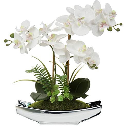 Briful Orchidee artificiali da 38,1 cm, orchidea Phalaenopsis bianca con vasi argentati, realistica al tatto, pianta finta orchidea per casa, ufficio, soggiorno, decorazione da tavolo