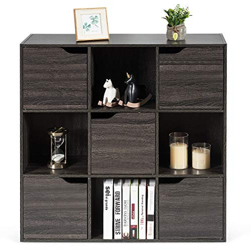 RELAX4LIFE Bücherregal mit 9 Fächern, Aktenregal mit 5 Magnettüren, Würfelregal, stehender Raumteiler für Wohnzimmer & Studierzimmer & Kinderzimmer, Büroregal für Bücher (Grau)
