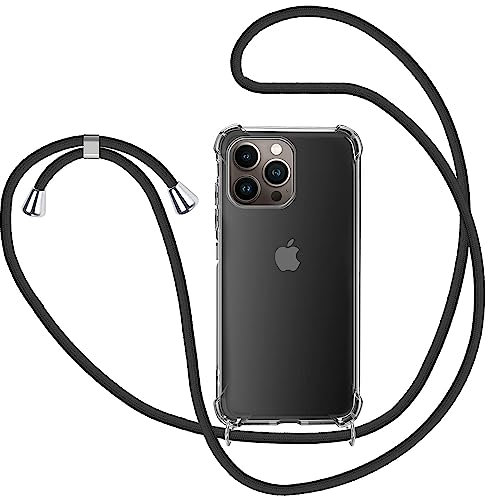 KetteTech Coque avec Cordon pour iPhone 13 Pro Max, Transparent Silicone Collier Réglable Téléphone Étui Portable Lanière Housse - Noir