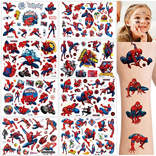 Deen Tattoo Kinder,8 Blätter Spider Man Temporäre Tattoo Aufkleber Set,Wasserdichte Kindertattoos Sticker Kinderaufkleber für Mädchen Jungen Geburtstagsgeschenke Mitgebsel