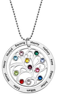 Personalised Family Tree Round-Shaped Necklace with 1-11 Customised Birthstones and Name Engravings 925 Sterling Silver Tree of Life Pendant Gift for Mom Grandmother Mother’s Day Gift
