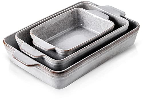 KOOV Bakeware Set, Ceramic Baking Dish Set, Rectangular Casserole Dish Set, lasagna Pan, Baking Pans Set for Cooking, Cake Dinner, Kitchen, 9 x 13 Inches, Reactive Glaze 3-Piece (Variable Grey)