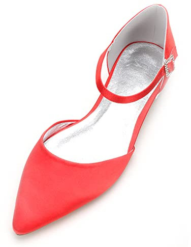 Women Ankle Strap Ballet Pumps Pointed Toe Satin Flat Wedding Bridal Party Shoes Closed Toe Court Shoes,Red,7 UK