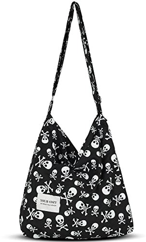 Your Cozy Damen Retro Große Größe Baumwolle Schultertasche Hobo Crossbody Handtasche Casual Tote für Einkaufen und Reisen, Weißer Totenkopf, Large