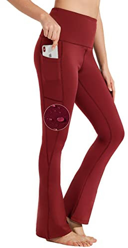 BAYGE Damen Bootcut Yogahose Hohe Taille Wasserdicht Blickdicht Bauchkontrolle Slim Fit Leggings Sporthose Schlaghose Sweathose Fitnesshose mit Taschen, Rot, M