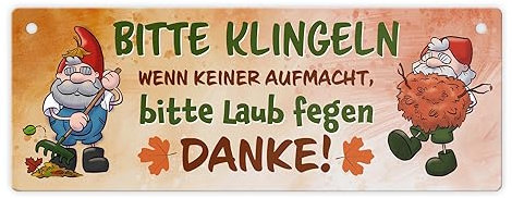 Bitte klingeln - wenn keiner aufmacht, Laub fegen Gartenzwerg Metallschild ein schönes Blechschild mit lustigen Gartenzwergen als lustige Dekoration für die Eingangstüre & das
