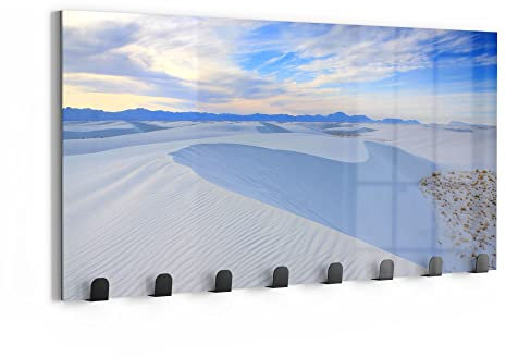 DEQORI Wandgarderobe Glas & Metall | Motiv Ein Meer weißer Sanddünen | 60x30 cm | Design Haken-Leiste modern | Garderoben-Paneel für Flur, Wohnzimmer & Schlafzimmer | magnetisch & beschreibbar