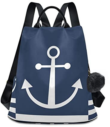 GAIREG Lavendel Einhorn Hochland Rinder Damen Rucksack Anti Diebstahl Casual Mode Tasche mit Pompon, Anker mit maritimem Streifen, Marineblau