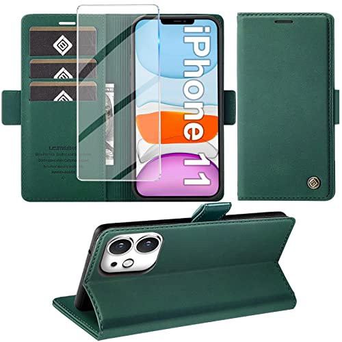 Giyer Handyhülle für iPhone 11 Hülle mit Schutzfolie, Standfunktion Kartenfach Wallet Premium Leder Schutzhülle für iPhone 11 5G 6.1 Zoll Flip Case Cover Stoßfeste Klapphülle (Grün)
