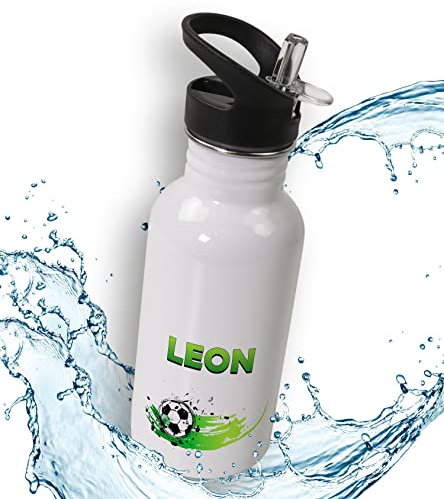 timalo® Trinkflasche für Kinder personalisiert mit Namen | auslaufsichere Edelstahl Sportflasche Kindergarten Geschenk für Jungen und Mädchen 600mL | Fußball grün