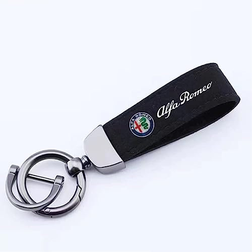 CAULO Auto-Schlüsselanhänger, Wildleder, Metallschnalle, Schlüsselanhänger, Ringe, drehbares Hufeisen, für Alfa Romeo Sportiva Giulia Stelvio Mito Giulietta Tonale,Black