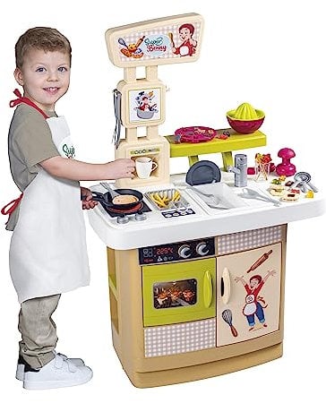 Smoby - Super Benny La Cocina de Las delicias, 7600310916, 3 años, Accesorios para cocinar Realmente, Delantal Incluido, 32 Accesorios, Libro de Recetas