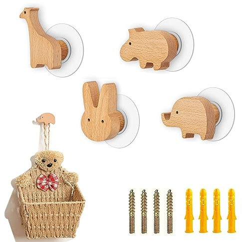 Ylinwtech 4PCS Bambino Parete Ganci Appendiabiti in Legno,Attaccapanni da Muro Bambini,Bambino Ganci Adesivi per Appendere Vestiti, Cappelli, Borse,Giacche