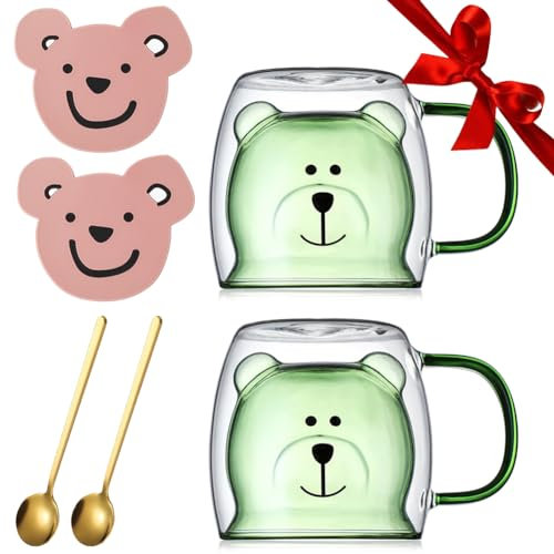 Yuragim Jolies tasses à café en forme d'ours - 8,5 oz - Verres isolants à double paroi - Tasse à expresso Kawaii - Tasse à café avec cuillère + soucoupe - Tasse à lait pour Noël - Cadeau