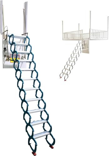 Von der Seite herunterziehbare Dachbodentreppe, 11 Dachbodenstufen, Scherentreppe, Dachboden-Verlängerungsleiter, zusammenklappbare Dachbodenleiter, Blaue Dachboden-Deckenleiter