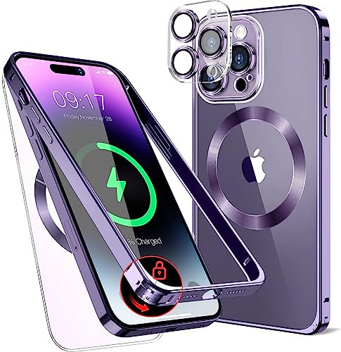 Metal Funda Magnética Transparente para iPhone 14 Pro Max 6.7 [Bloqueo de Seguridad] [Metal Original Parachoques Marco] [Protección de Cámara Incorporada] Parte Trasera Antirrayas - Púrpura Oscuro