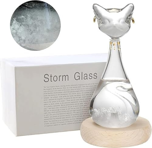 Tuzsocr Storm Glass Weather Forecaster,Liquid Barometer Cat Shape Bottle,Weather Station with Wooden Base,Decorative Bottles for Home Office Living Room,Funy Gift for Women Lady Birthday (Transparent)