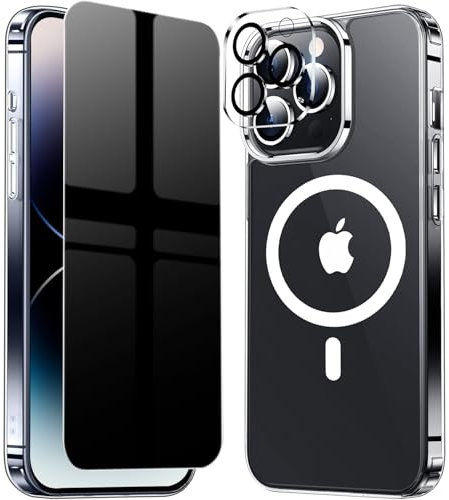 QiiStar Privacy Magnetic Case for iPhone 14 Pro,iPhone 14Pro Phone Case Compatible with Magsafe,Anti-Spy Tempered Screen Protector & Camera Cover,Hard PC Full Body Protective Cases,Crystal Clear