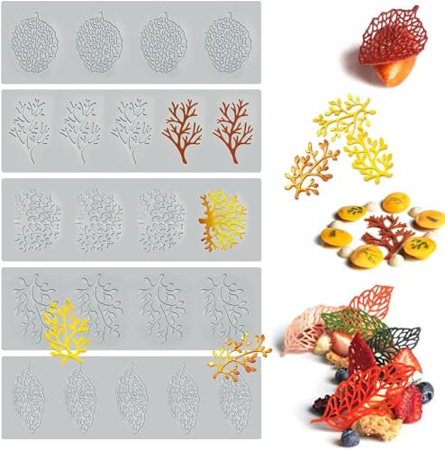 HEKOBAG 5PCS Cake Fondant Mold, Leaf Molds Tuille Moulds Silicone, Hollow 3D Coral Branch Leaf Tuile Lace Silicone Cake Molds, Silicone Chocolate Mold for Baking, Resin, Sugar Craft, Cake Decoration