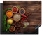 KitchenYeah© Herdabdeckplatte Einteilig Ceranfeld Abdeckplatte für Induktionsschutz Ceranfeldabdeckung Vinyl Herdabdeckplatten Kräuter - Gewürze - Roter Pfeffer - Holzdruck - Stilleben - 65x52 cm