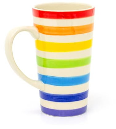 Carousel Home Hand Painted Tall Rainbow Mug | Rainbow Stripe Ceramic Tall Latte Coffee Mug | Large Multi Coloured Tea Cup Stripped Hot Drinks Mug Coffee Cup
