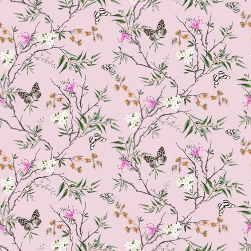 VEELIKE Pink Chinoiserie Wallpaper Self Adhesive Butterfly Floral Wallpaper for Bedroom Girls Room Patterned Wall Paper Botanical Wall Mural Leaf Contact Paper Removable Cabinets Shelves 44.5cm×300cm