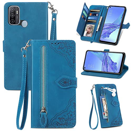 JayModCase Handyhülle für Oppo A53s / Oppo A32 / Oppo A53 2020, PU Leder Magnetverschluss Handytasche, mit Reißverschlusstasche Ständer Kartenfächer Hülle Kompatibel mit Oppo A32 - Blau