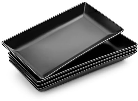 MALACASA Servierplatte Porzellan, 4-teiliges servierplatten set, Rechteckig Servierplatte Groß für Buffets, Sushi, Kuchen, Vorspeisen zu Hause/im Restaurant, 31 x 15.3 cm Mattschwarz
