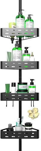 Cooeco Mensola Doccia Telescopica Angolare, Portaoggetti Bagno Regolabile con 4 Ripiani e Ganci, Senza Forare, Acciaio Inossidabile Antiruggine, Altezza 63.5-290 cm, Nero