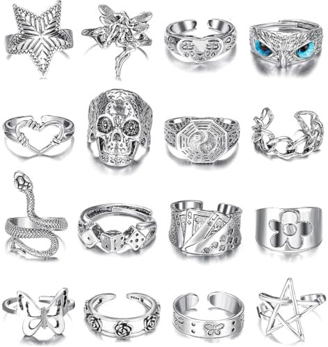 HSKRKOW 16 Stück Ringe Herren, Totenkopf Ring, Vintage Silber Punk Set Für Männer Frauen, Stapelbare Gothic Fingerringe Boho Y2K Schmetterling Schlange Schädel Herz Blume