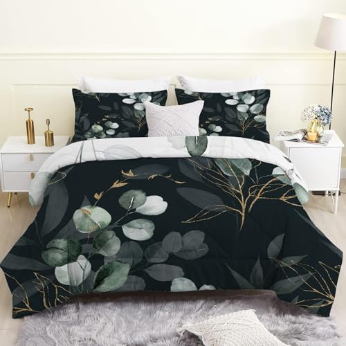 Bettdecke 240x220 cm, Schwarzes Eukalyptus Bettdecke 220x240 4 Jahreszeiten, Grüne Pflanzen Steppdecke Waschbar Bettdecken, Vierjahreszeiten Schlafdecke Ganzjahresdecke mit 2 Kissenbezug 80x80cm